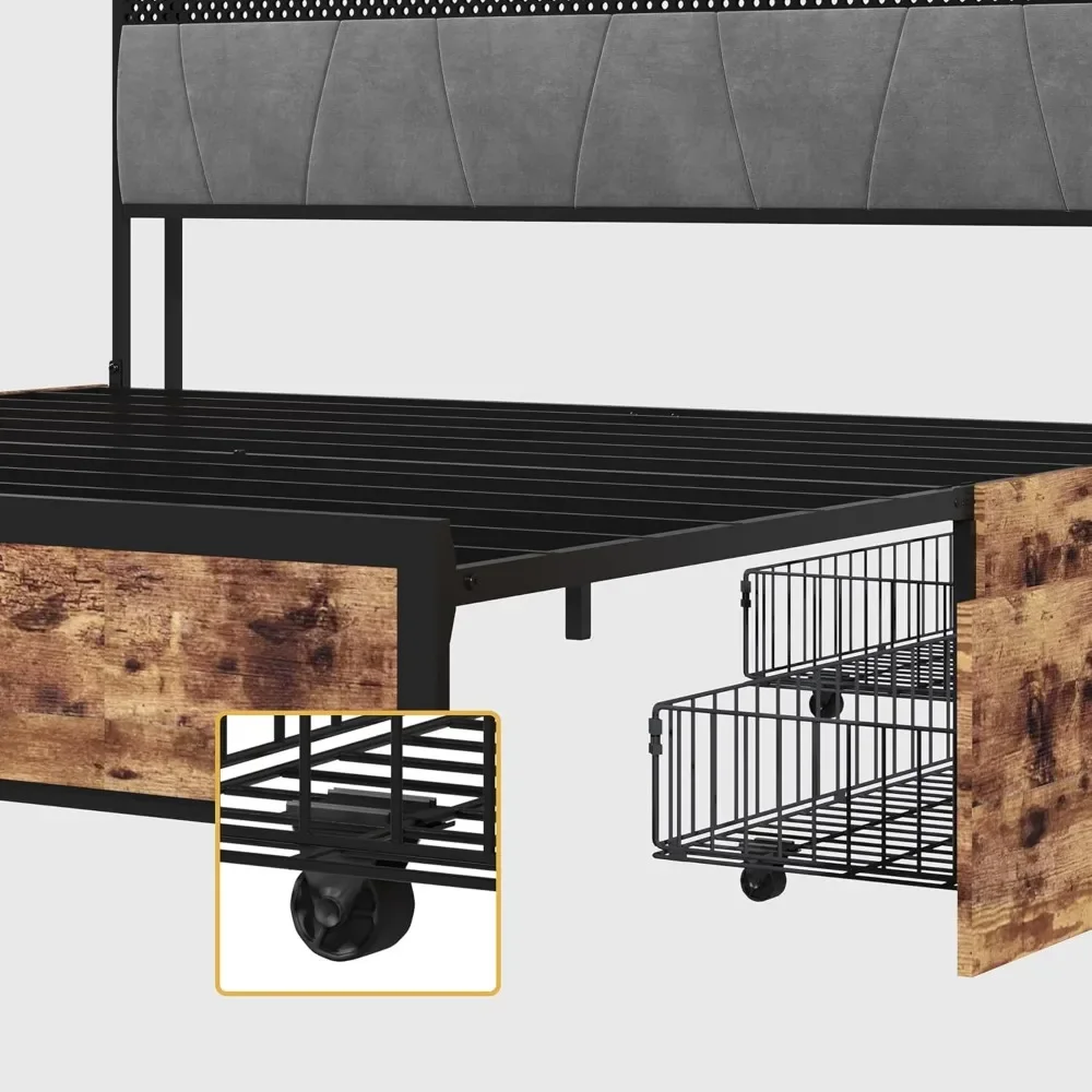 Queen Size Bed Frame with Storage Headboard and Charging Station, 4 Storage Drawers, LED Lights, Metal Support, Bed Frame 6