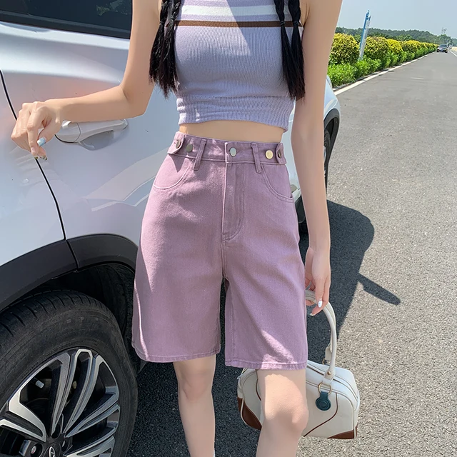 Summer New Korea Fashion Loose Women Jeans Shorts Purple Pink High Waist Straight Pockets Female Wide Short Pants