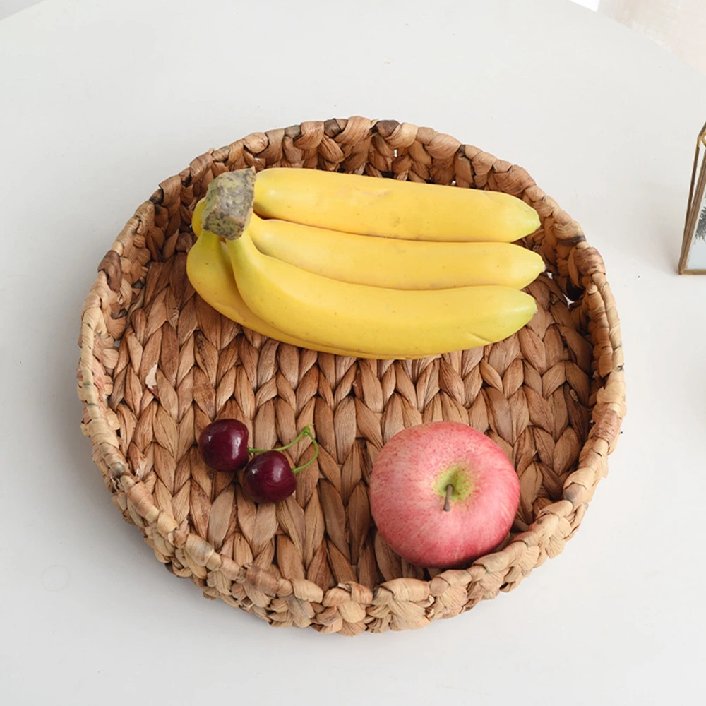 Rattan Wicker Basket Handwoven Fruit Tea Snack Bread Basket Cosmetic Round Storage Box Water Hyacinth Tray Jewelry Dish 3