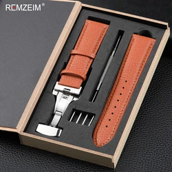Elegant Litchi Leather Wrist Band with Butterfly Buckle & Gift Box Packaging - 22mm (Light brown)