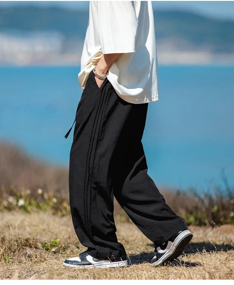 Side hinged bar design with ice silk casual pants light thin solid drawstring pants joggers men
