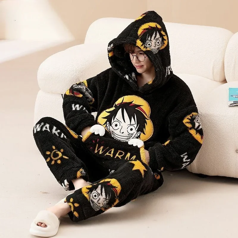 Cartoon Plush Pajamas One Piece Luffy High-looking Creative Student Men's Winter Coral Velvet Hooded Thickened Home Clothes Set