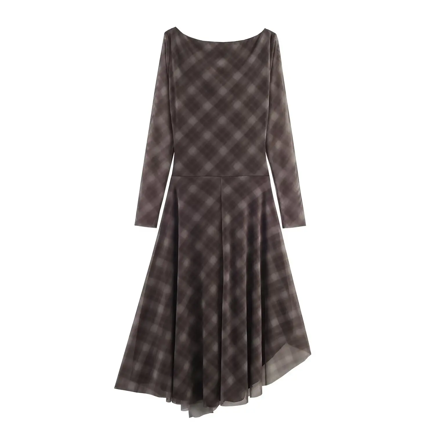 Women Spring Tulle Plaid Long Dress Female Fashion Pleated Long Sleeve Asymmetric Skirt Hem Dress Lady Vintage Dress Streetwear