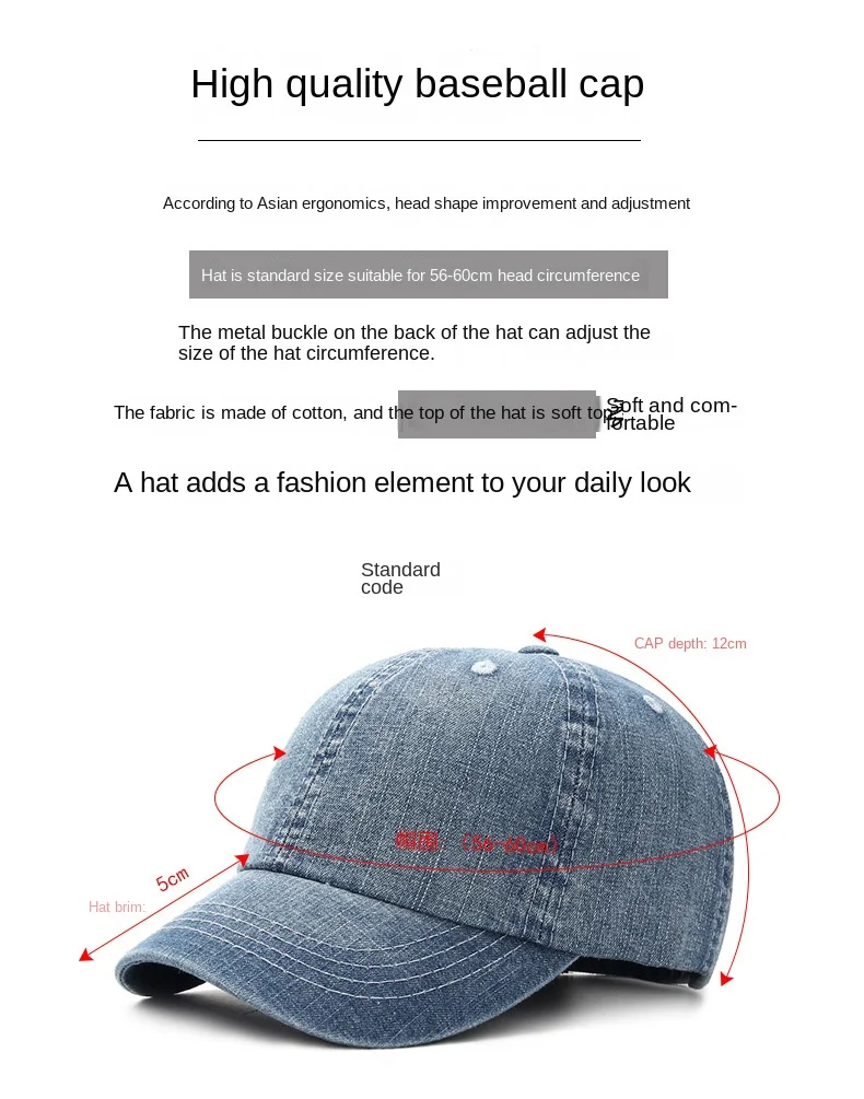 Baseball Cap for Men Women Unisex High Quality Washed Denim Hat