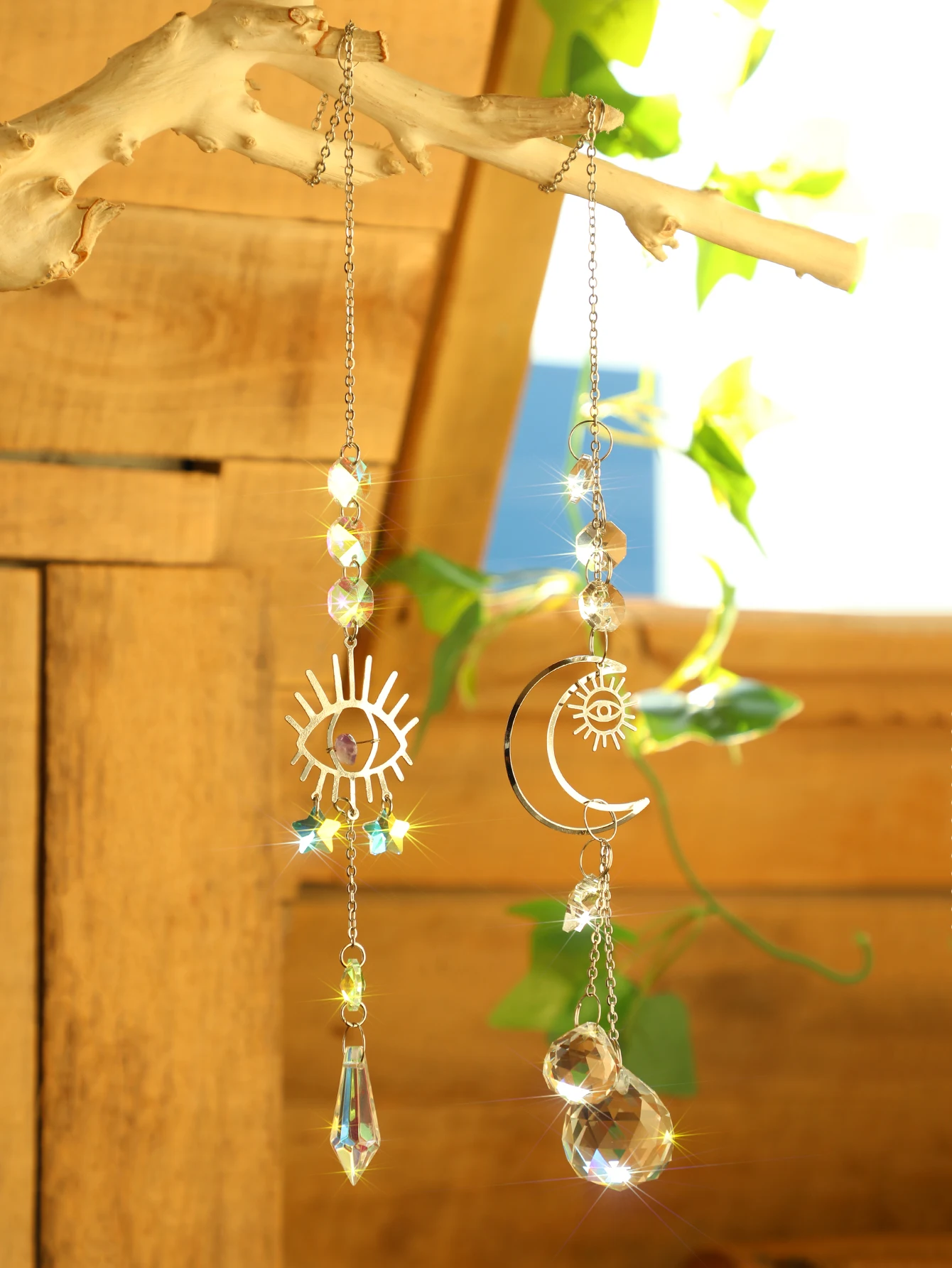 2pcs Evil Eye Moon Crystal Sun Catcher Hanging Ornaments Garden Suncatchers Window Wind Chimes Light Catcher Outdoor Decors Gift