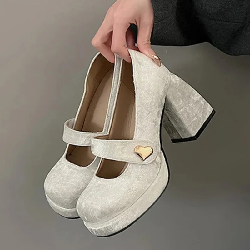 

White Internet Celebrity Small Stature French Thick Heeled HigH Heels Women's 2024 New Spring And Autumn Mary Jane Shallow Mouth