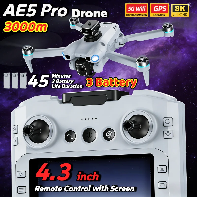 AE5 Pro Drone 4K/8K Tre HD ESC Fotocamera 12.5cm Grande Schermo RC Brushless 5G WIFI 3 Batterie Flusso Ottico Riprese Aerea per I Regali