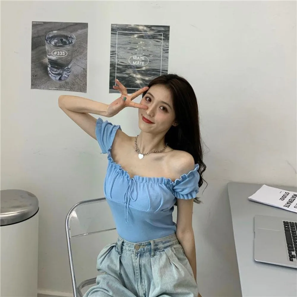 Sleeveless Square Neck Drawstring T-shirt Terylene Straight Shoulder Ice Silk Short Sleeve Top Off-the-shoulder 2
