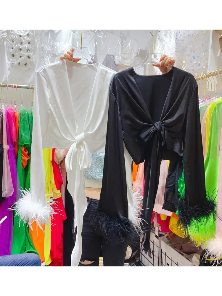 

HIGH STREET New Fashion 2024 Designer Blouse Women's Sexy V-neck Feather Embellished Lace-up Slim Shirt