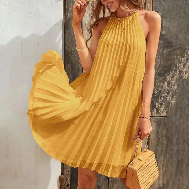 2024 Sexy Straps Mini Sundress Celmia Women Sleeveless Pleated Dress Party Summer Casual Loose O Neck Short Robes Oversize Dress
