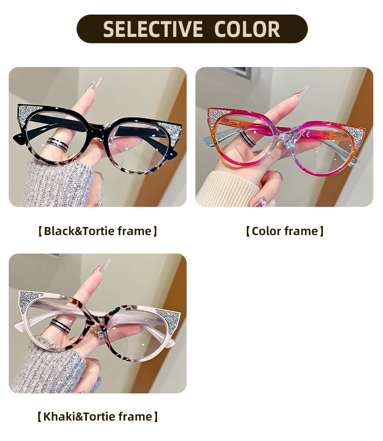 Oyalie Diamantbesetzte Cat-Eye-Lesebrille mit rundem Rahmen, klassische Cat-Eye-Details mit Diamantverzierungen, exquisite Handwerkskunst, entworfen, um das Alter zu reduzieren und die Eleganz zu verbessern, geeignet für elegante und modische Stile, verschreibungspflichtigkeit ab +1. 00 bis +4. 00 – Detail 3