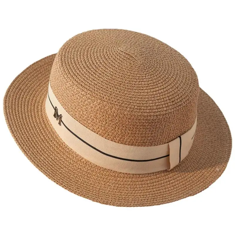 New Letters Embroidered Women Straw Hats Panama Wide Brim Jazz Hat Summer Hat Ladies Sun Hat Simple Flat Top Hat