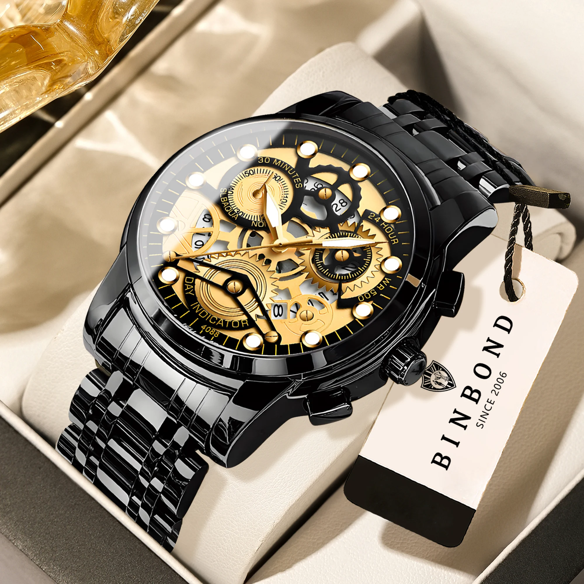 Reloj de cuarzo de lujo BINBOND para hombre con fecha automática