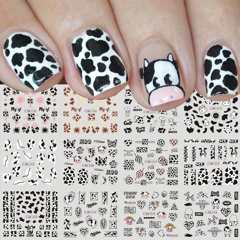 

12pcs Milk Cows Nail Stickers Flower Leaves Nail Decals Water Transfer Leopard Prints Nail Art Stickers Women Nail Supplies