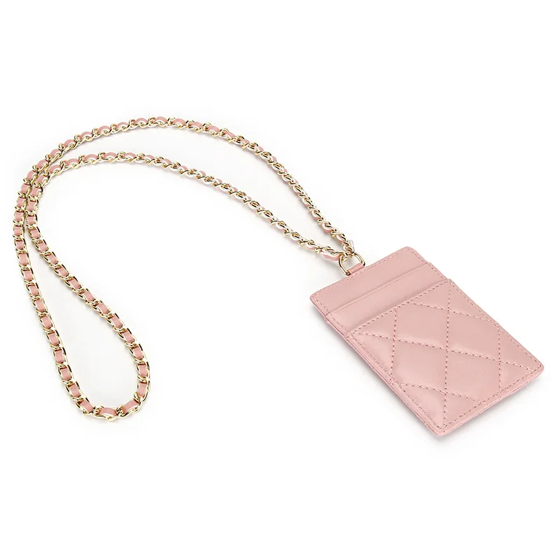 Genuine Sheepskin Work Card Sleeve Diamond Lattice Leather ID Card Holder Student Access Badge with Lanyard and Neck Hook Thin