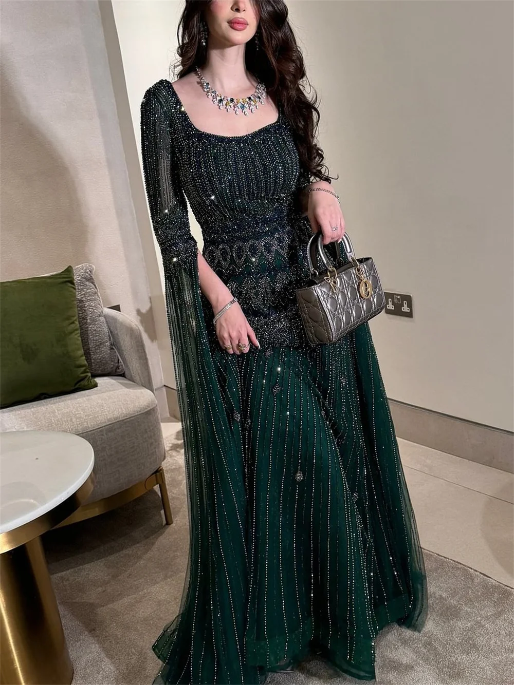 saudi formal dress SDE5010 Luxury Saudi Arabic Sage Green Mermaid Evening Dress with Long Stunning Dresses