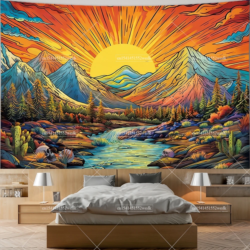 Boho Mountain Sunset Tapestry Trippy Forest Tree River