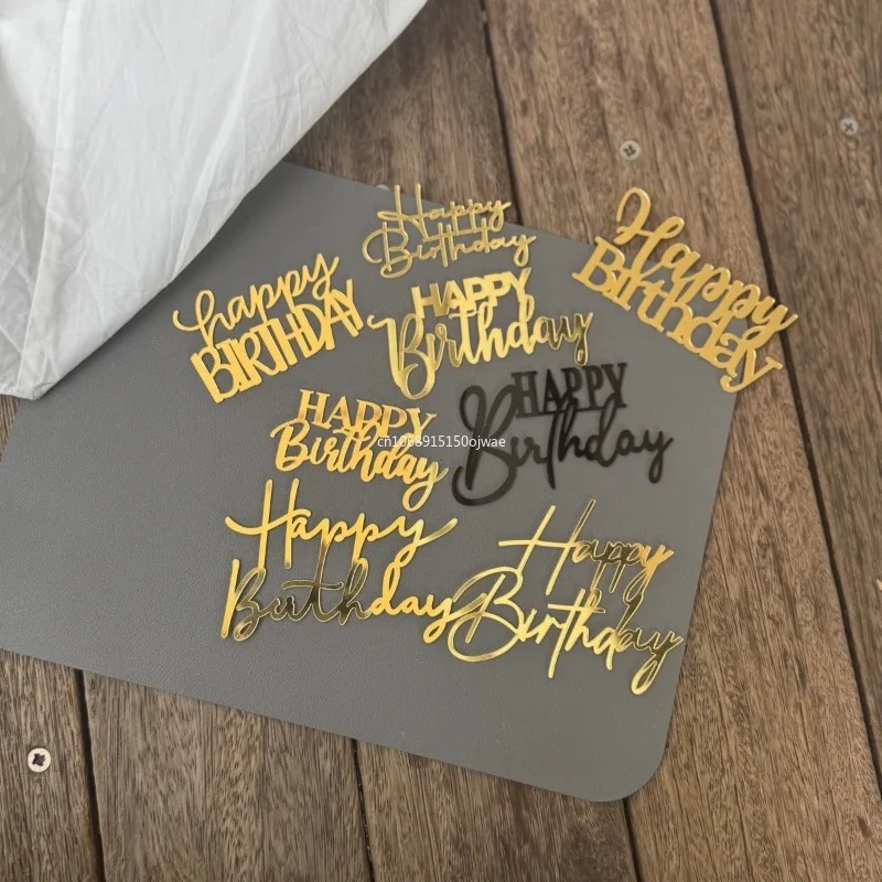 1Pcs Simple Style Happy Birthday Cake Toppers Gold Acrylic Side Birthday Cake Decoration Topper for Baby Dessert Decoration