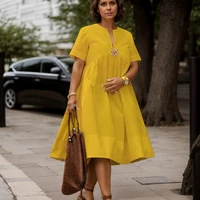 Women Plus Size Loose Dress Short Sleeve Round Neck Pleated A-line Solid Casual Vintage High Street Fashion Summer Dresses