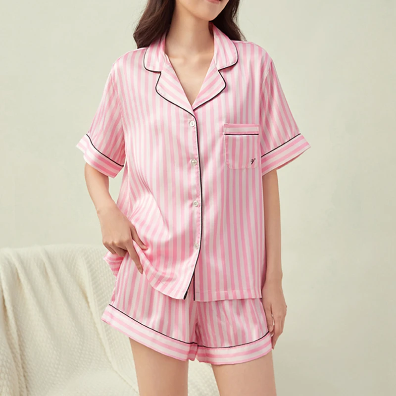 Women Pink Stripe Short Sleeved Pajamas Thin Flip Collar Outerwear Classic Sleepwear Leisure Set