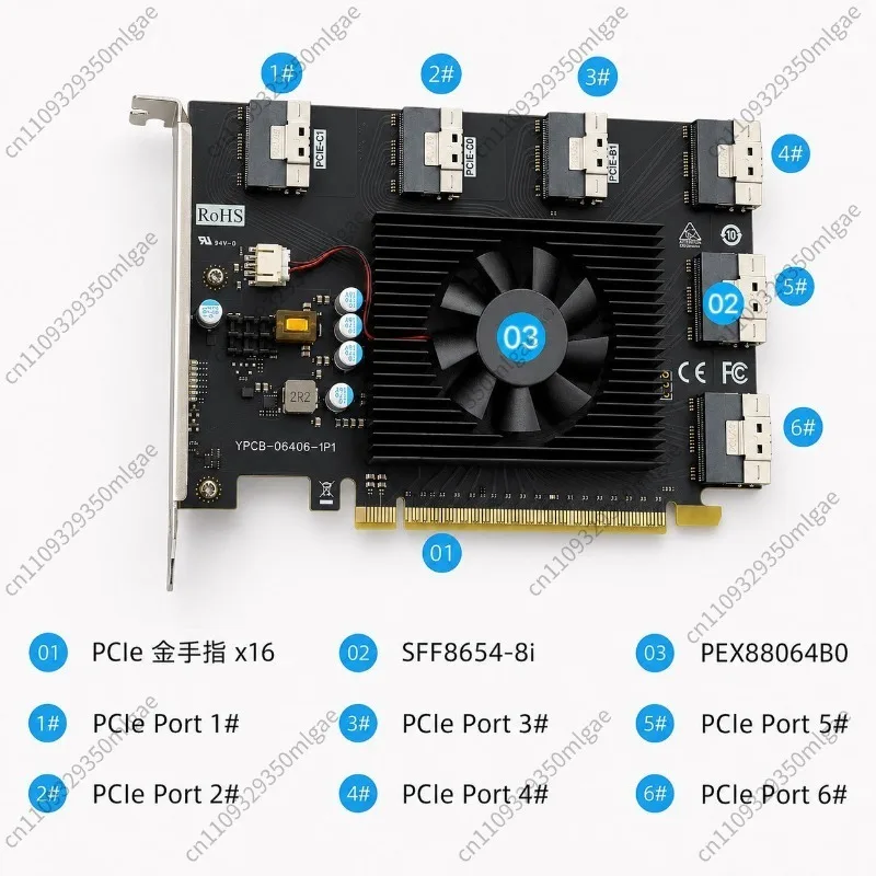 PCIE 4.0 분할 캐벗 PEX88064 메인 컨트롤러(6개의 SFF-8654 8i 출력 인터페이스 U.2 포함)에 적합