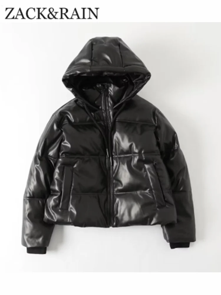 

ZACK RAIN Women Black Zipper-up Hooded Jacket 2022 Winter Ladies PU Cotton Jacket Zipper Pockets Female Thick Outwear