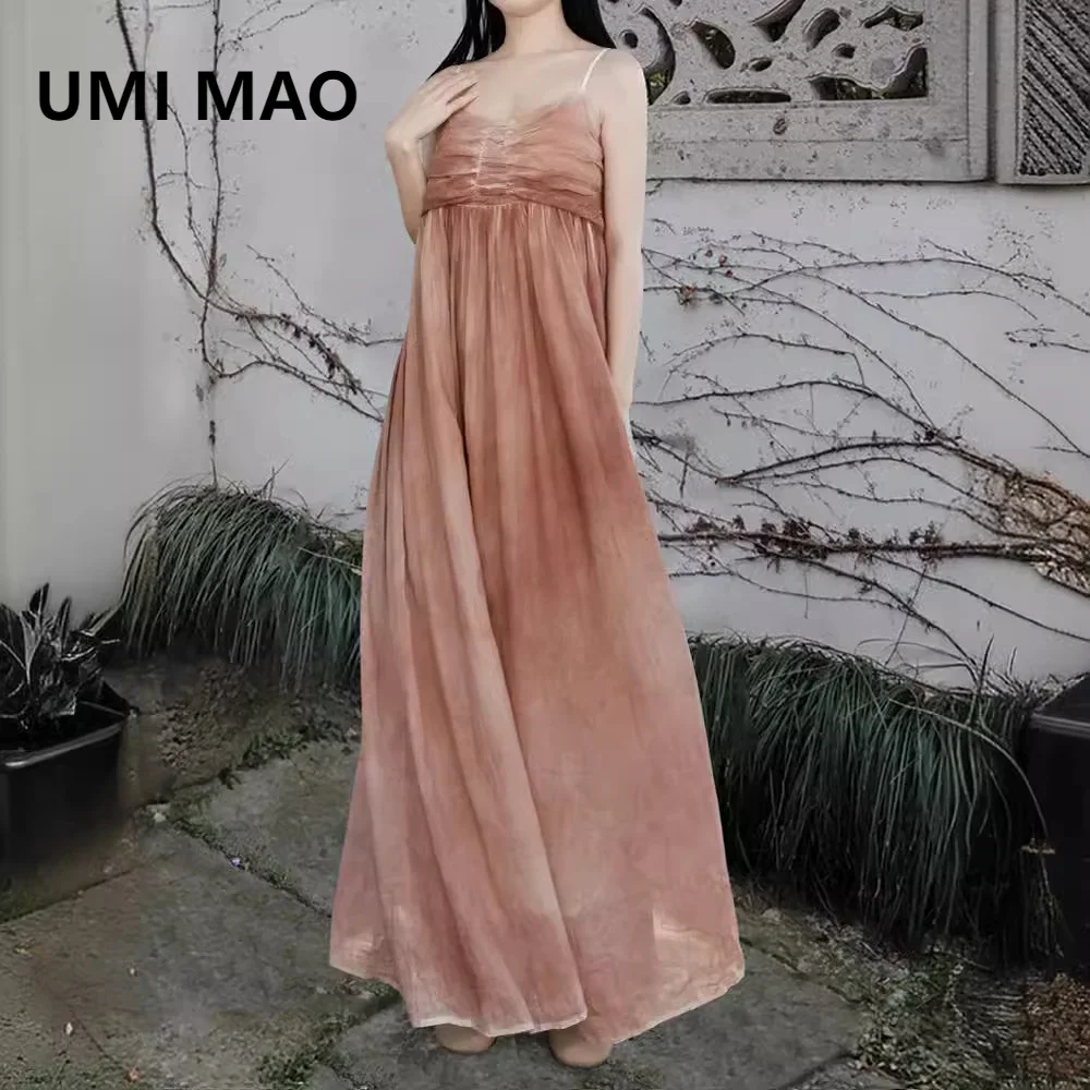 

UMI MAO Spray Dyed Gradient Dress Elegant For Women's New Chinese Style Zen Style Suspender Strapless Long Dresses Femme