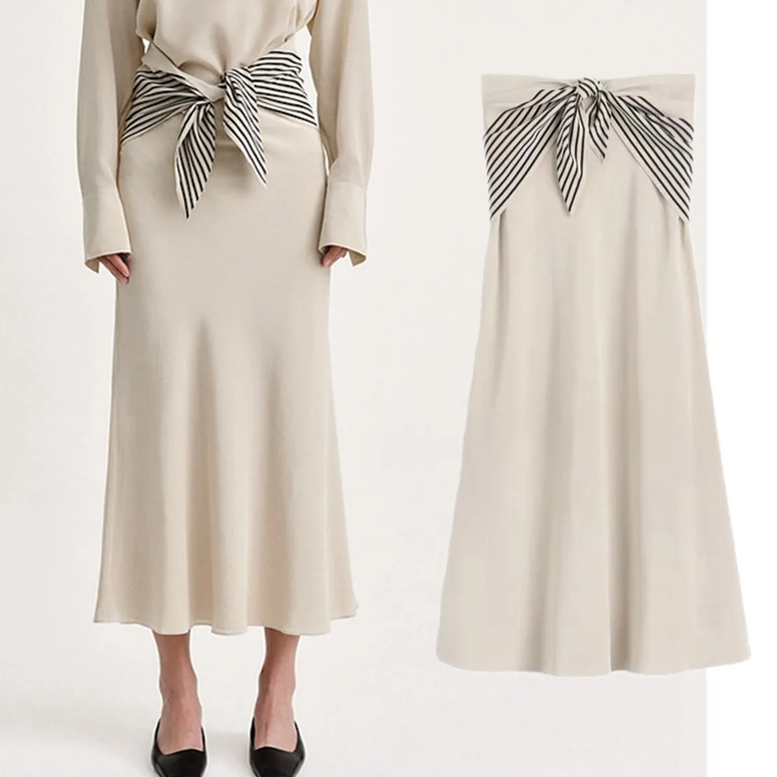 Maxdutti Minimalism Spliced Scarf Half Skirt Women's 2024 Spring/Summer New Leisure Commuter High Waist A-line Midi Skirt