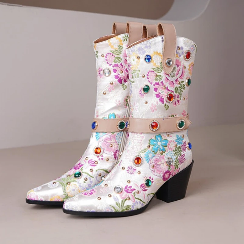 

Size 33-43 Cowhide Rivet Flower Crystal Short Boots 2023 New Thick Heel Fashion Contrast Color Pointed Chelsea Women's Boot