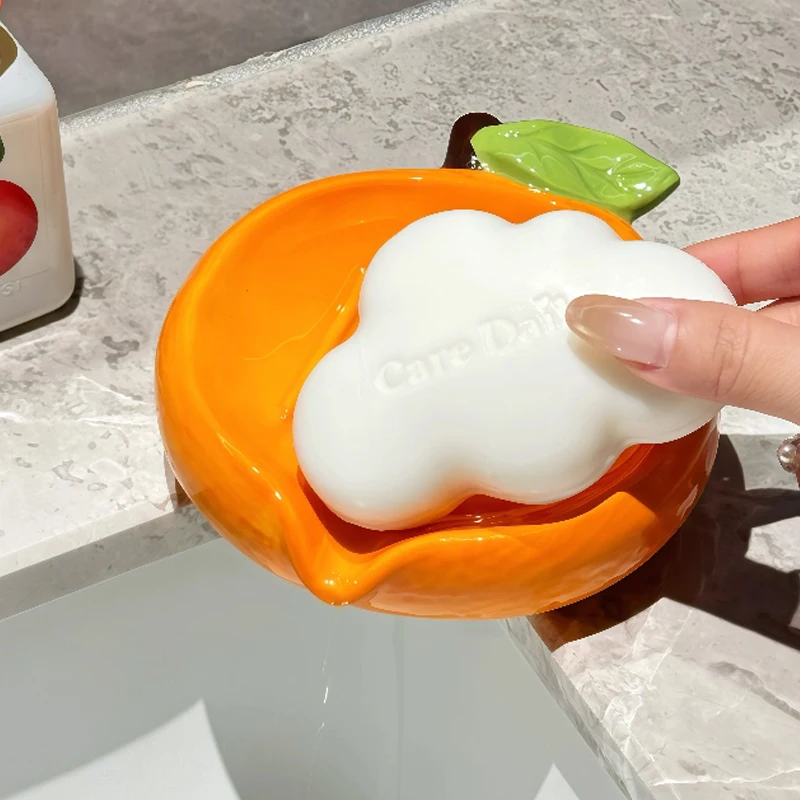 Ceramic Cute Cartoon Orange Shaped Soap Dishes Storage Rack, Home Bathroom Supplies Creative Light Luxury Drain No Punching, 1Pc