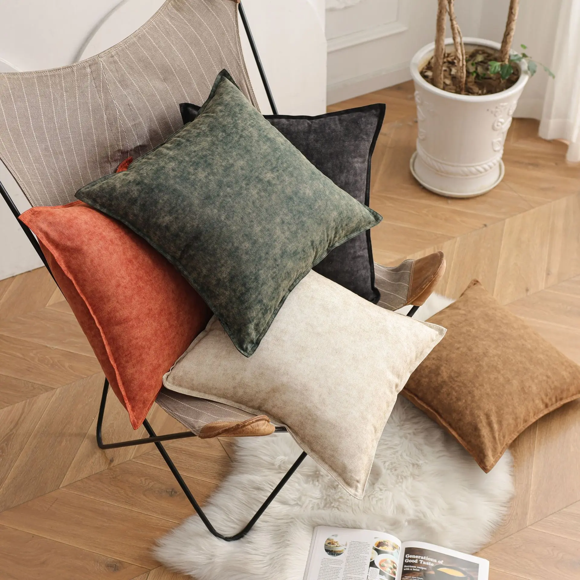 Nordische Minimalistische Denim-Patchwork Kissenbezüge Luxuriöses Karomuster Einfarbige Chenille Dekorative Kissenhüllen für Sofa und Bett – Detail 4