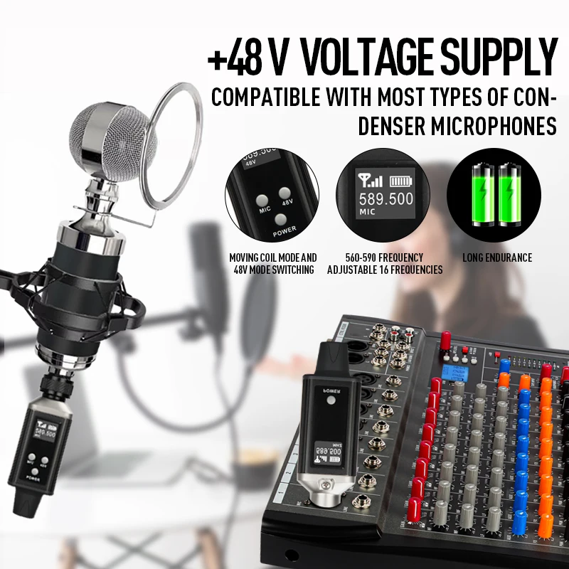 UHF Wireless Microphone System for XLR Mic Adapter 48V Power 16 Channels Audio Transmitter and Receiver Mic