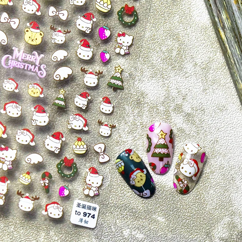 

Sanrio Christmas Cat Nail Sticker Cartoon Kawaii Embossed Nail Decoration Sticker Back Glue 5d Three-dimensional New Nail Decal