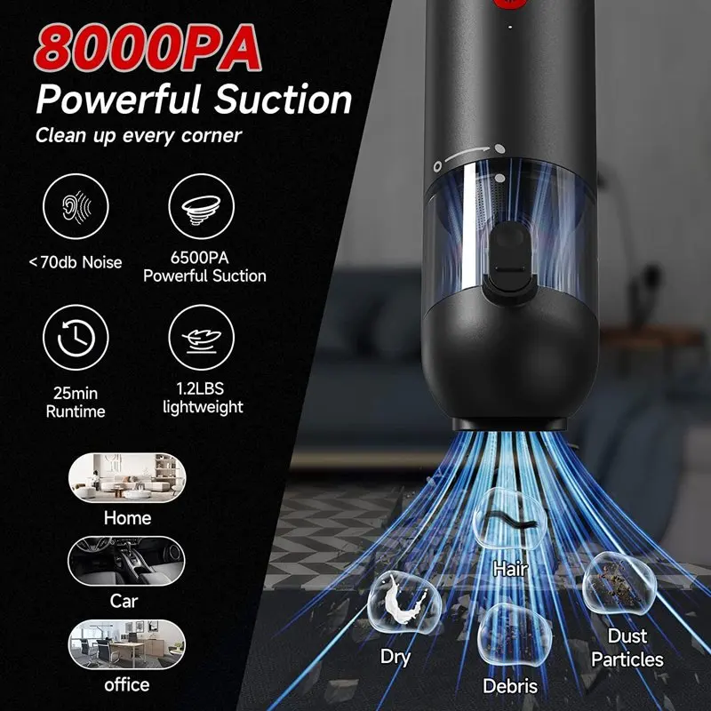 

Vacuum, Cordless Vacuum with 8000pa Suction, 1.2lbs Lightweight Handheld Vacuum, Black
