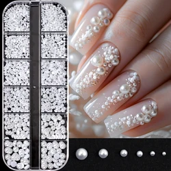 3D Mixed White Pearl Nail Charms Set - Assorted Sizes & Shapes for DIY Manicure Accessories (Semicircle)