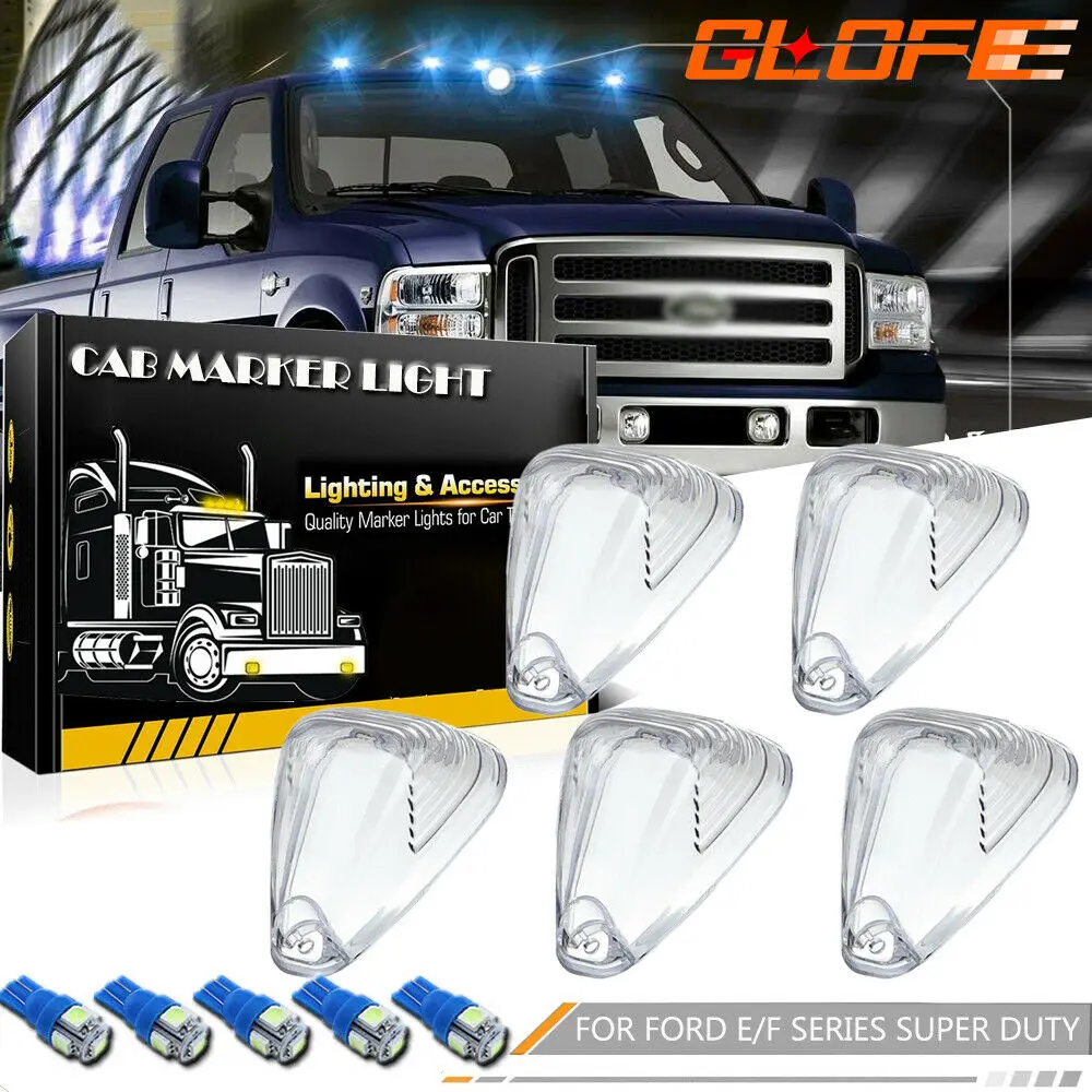 Clear Lens Cab Roof Marker Light Covers + Ice Blue Led Kit For Ford F-250 E-350 |