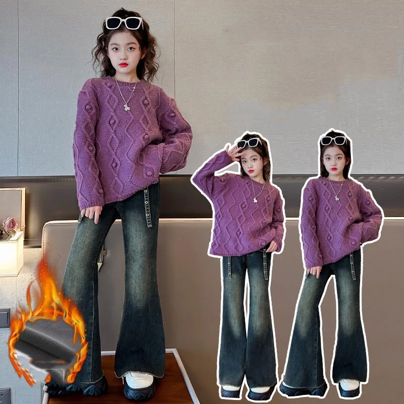 

Korean Autumn Winter Children Girl 2psc Suit Teenager Girl Thicken Sweater Knitted Top+Flared Pants Jeans Set For Girl 4-12Yrs