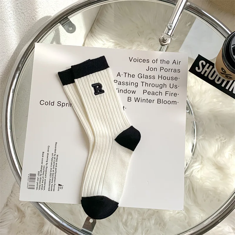 Sports Socks 5pairs Combed Embroidered Letter Big R College Style Women's Socks