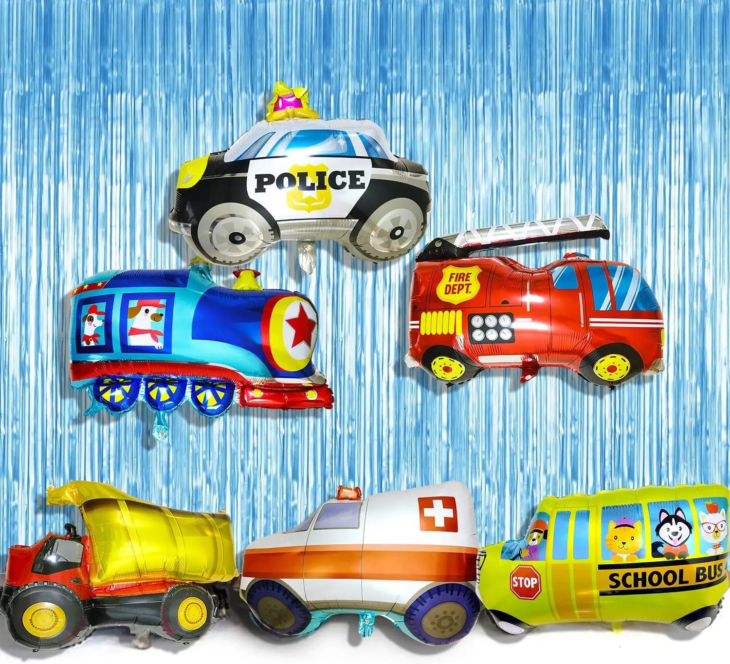 6pcs Car Balloons Big Construction Truck Fire Truck Train Ambulance School Bus Foil Balloons Vehicles Balloons For Kids Gifts 4