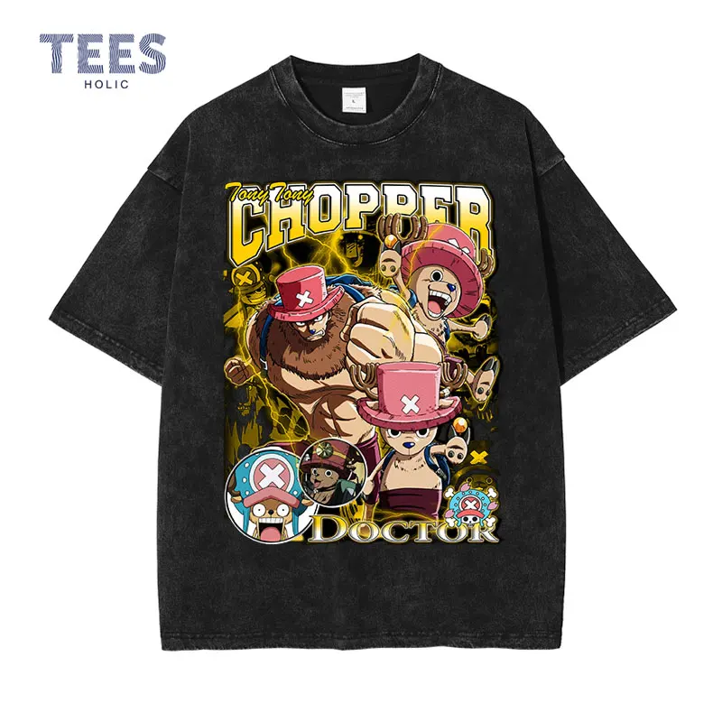 Tony Tony Chopper T-Shirt Vintage Washed Anime One Piece T Shirt Streetwear Estate Manica Corta Casual Manga Top Tees Cotton
