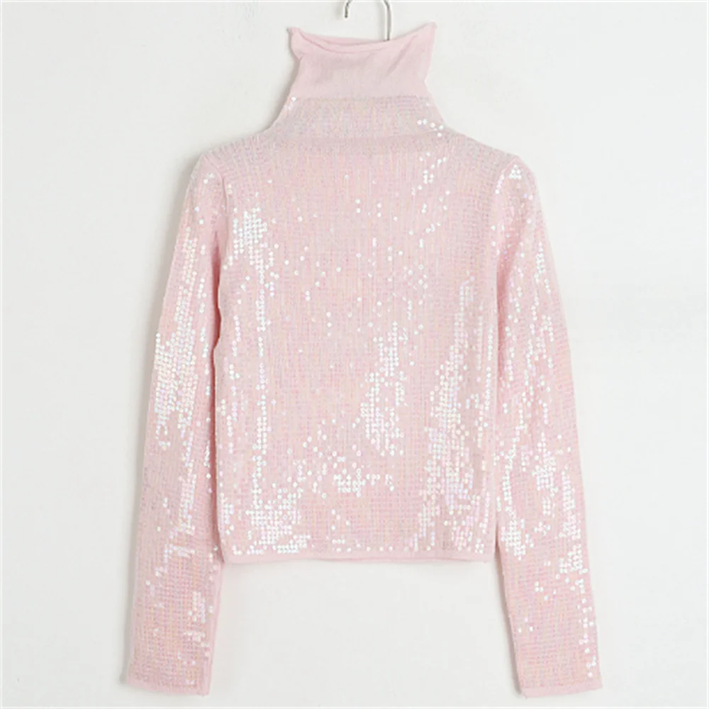 

Женская трикотажная рубашка с высоким воротником и блестками