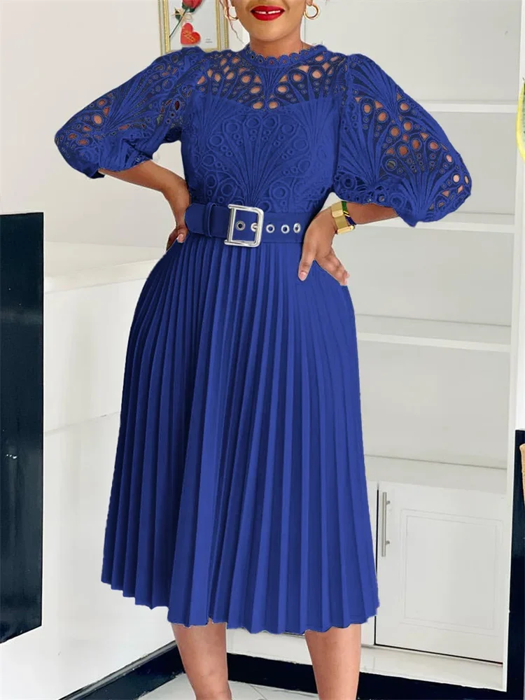 Wmstar Women Dress 2024 New Elegant Temperament Solid Color Lace Hook Flower Hollow Pleated Dresses Wholesale Dropshipping