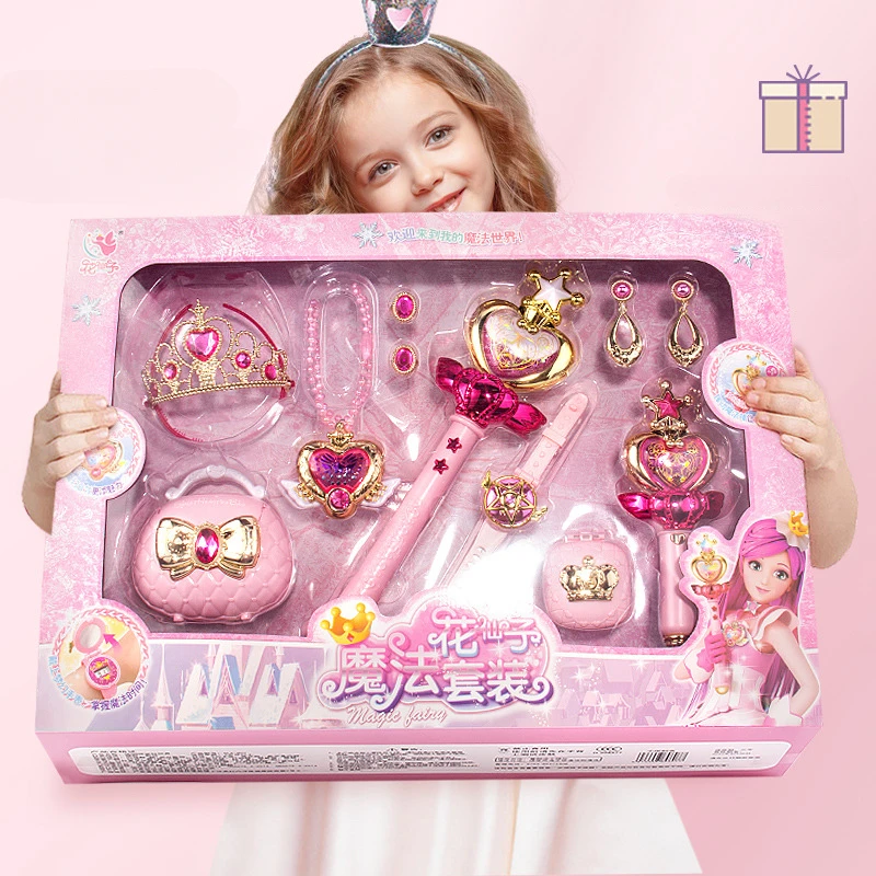 Pink Moon Fairy Magic Wand Colorful Glowing Musical Staff Playhouse Princess Toy Set with Bracelets Bags Earrings Girls Gifts