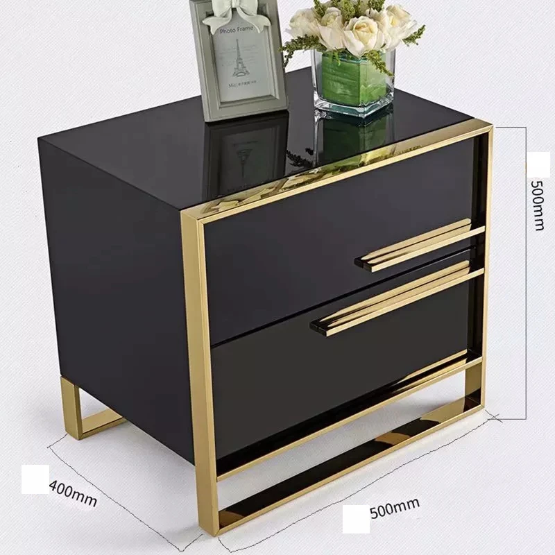 High Gloss Modern Night Stands Double Drawer Light Luxury Bedroom Cheap