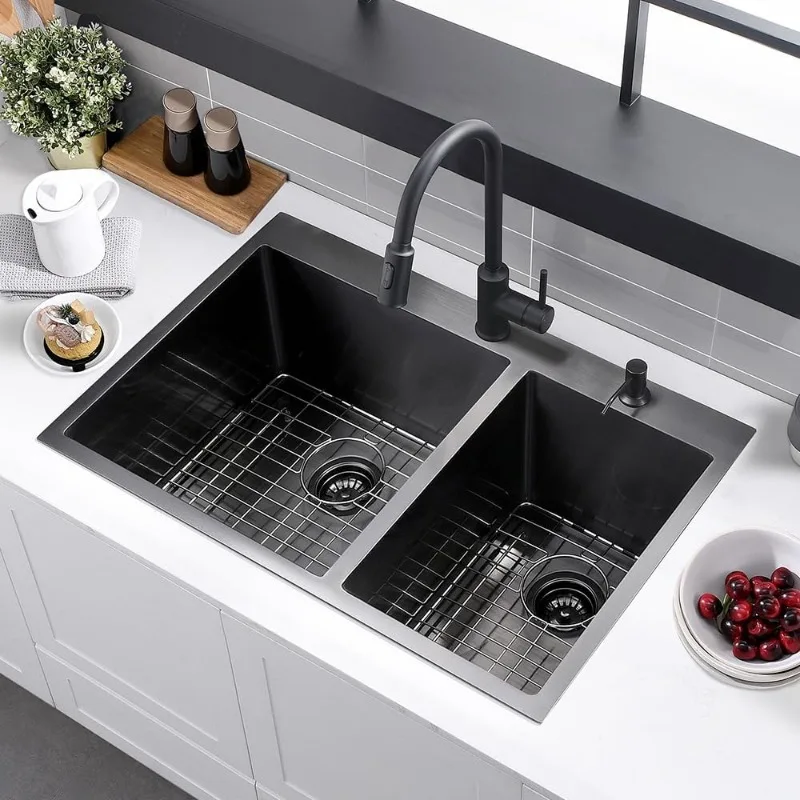 33x22 Black Drop In Double Bowl 60/40 Kitchen Sink, 33 Inch 16Gauge Black Drop In 60/40 Double Bowl Kitchen Sinks 3