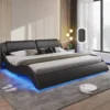 King Size Bed Frame with Headboard and Charging Ports Modern Low Profile King Platform Bed Frame with LED Lights Wave Like 1