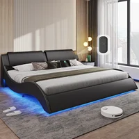 King Size Bed Frame with Headboard and Charging Ports Modern Low Profile King Platform Bed Frame with LED Lights Wave Like 1