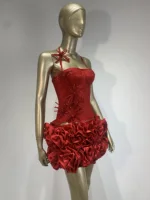 High End Fashion Women Red Bandage Outfit Halter Slash Neck Corset Top And Rose Mini Skirt Two Pieces Sets Evening Club Party - Image 4