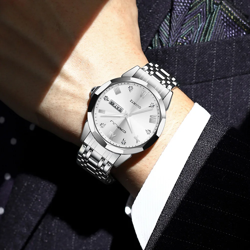 CRRJU Luxury Men Quartz Watch Waterproof Date Week Luminous Wristwatch Stainless Steel Men's Watches Male Clock Sports Reloj