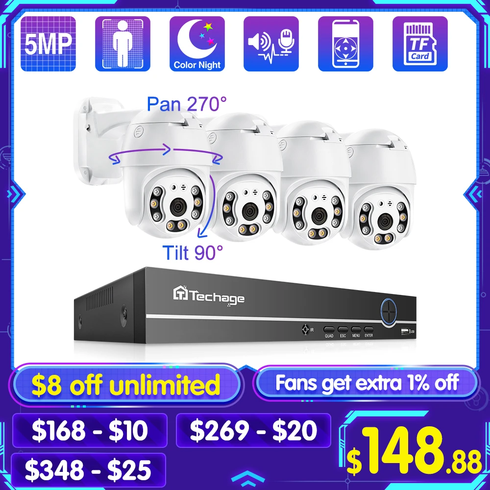 Techage 5mp 8ch Poe Cctv Security Nvr Camera System H.265 Smart Ai Ptz